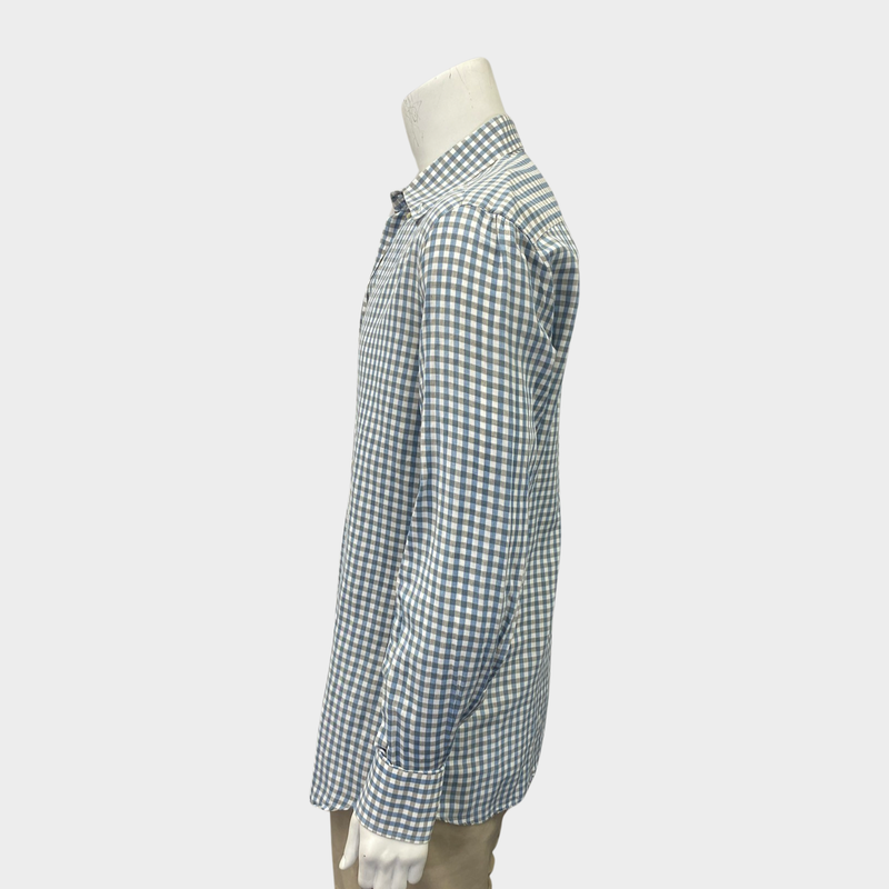 Brunello Cucinelli men's blue & white checked cotton shirt