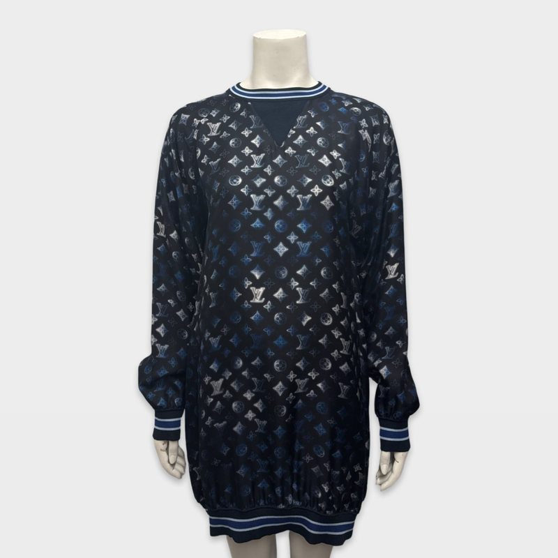 Louis Vuitton Navy Blue Monogram Pattern Silk Mini Dress