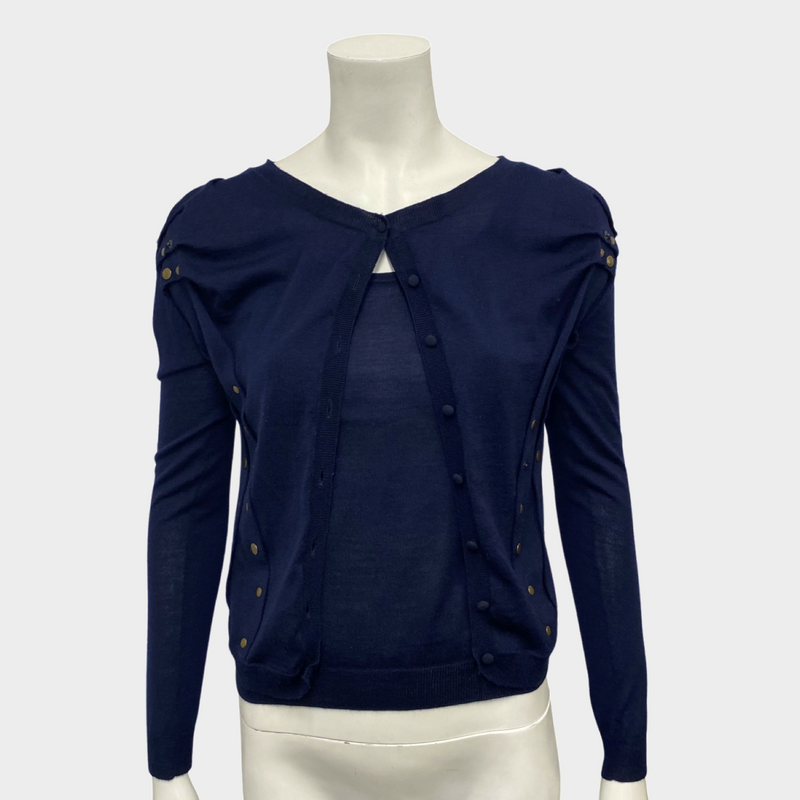 Nina Ricci women's navy knitted wool matching cami and cardigan set