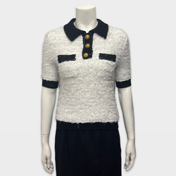 Balmain Women's White and Black Tweed Polo Shirt