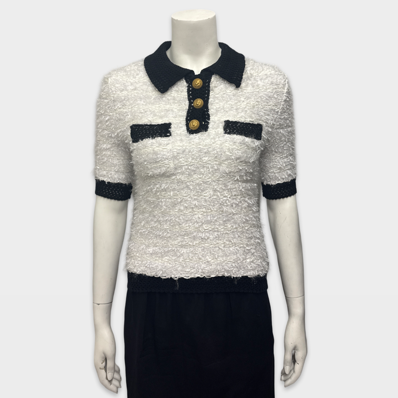 Balmain Women's White and Black Tweed Polo Shirt
