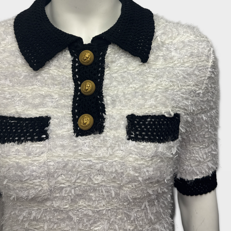 Balmain Women's White and Black Tweed Polo Shirt