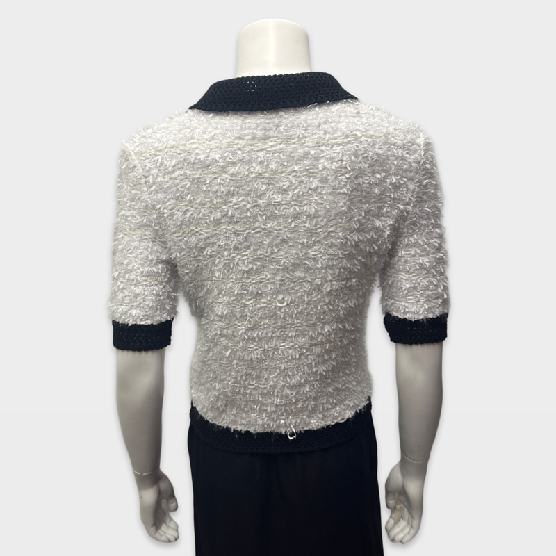 Balmain Women's White and Black Tweed Polo Shirt