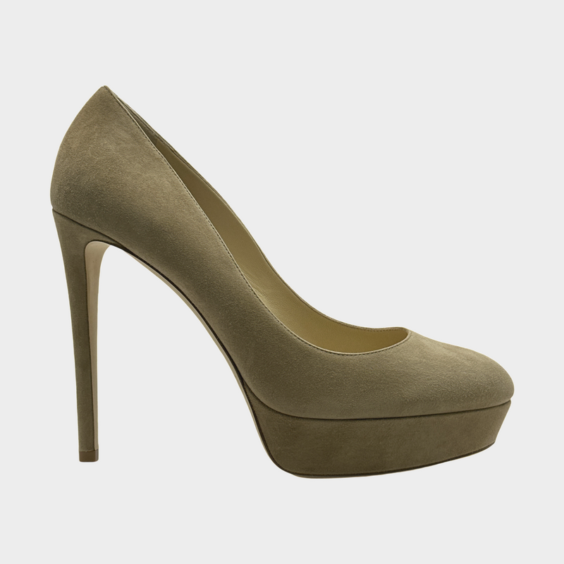 MANOLO BLAHNIK beige suede heeled platform pumps