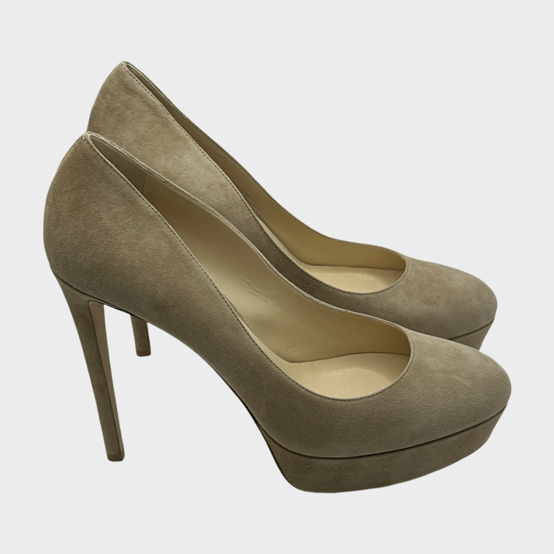 MANOLO BLAHNIK beige suede heeled platform pumps