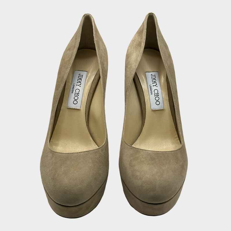 MANOLO BLAHNIK beige suede heeled platform pumps