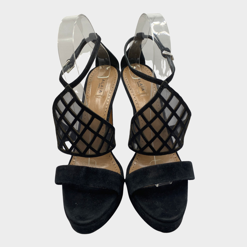 ALAÏA black suede platform heels with mesh panelling