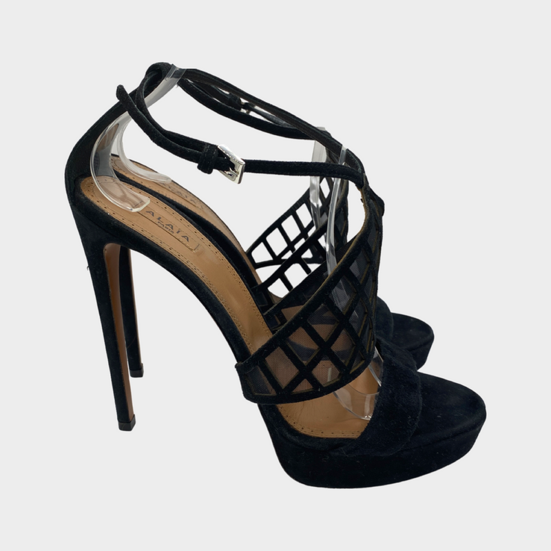 ALAÏA black suede platform heels with mesh panelling