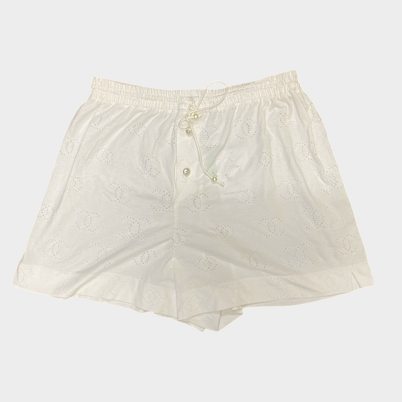 Chanel women's white cotton CC logo shorts with pearls buttons