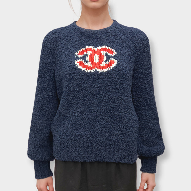 Chanel Women's CC Logo Navy Wool Jumper
