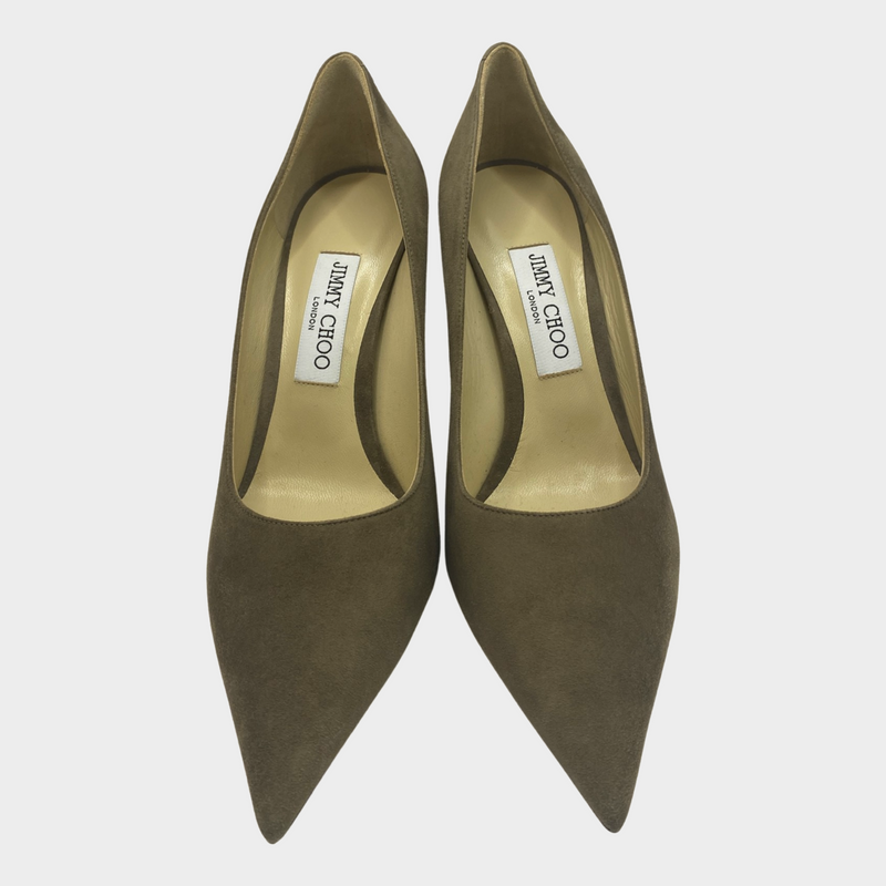 Jimmy choo taupe suede pumps with back logo emblem