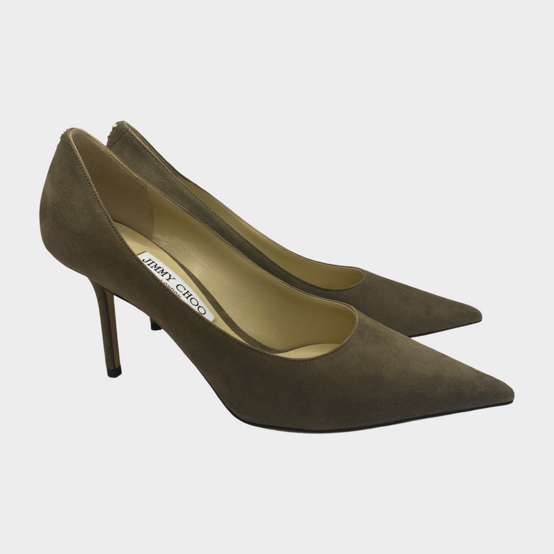 Jimmy choo taupe suede pumps with back logo emblem
