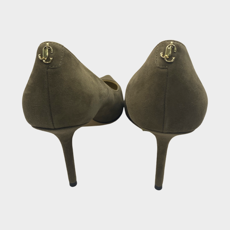 Jimmy choo taupe suede pumps with back logo emblem