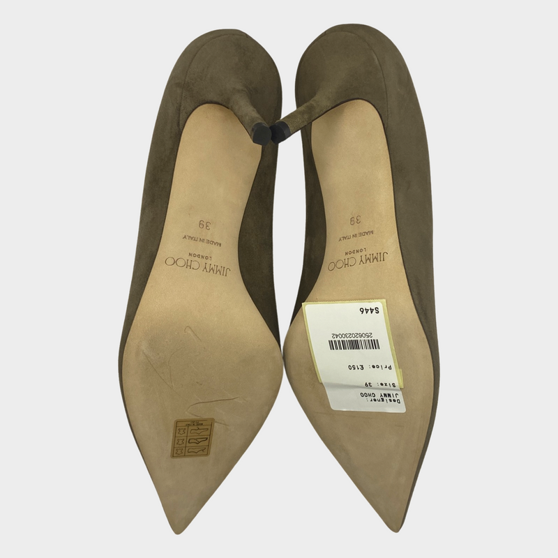 Jimmy choo taupe suede pumps with back logo emblem