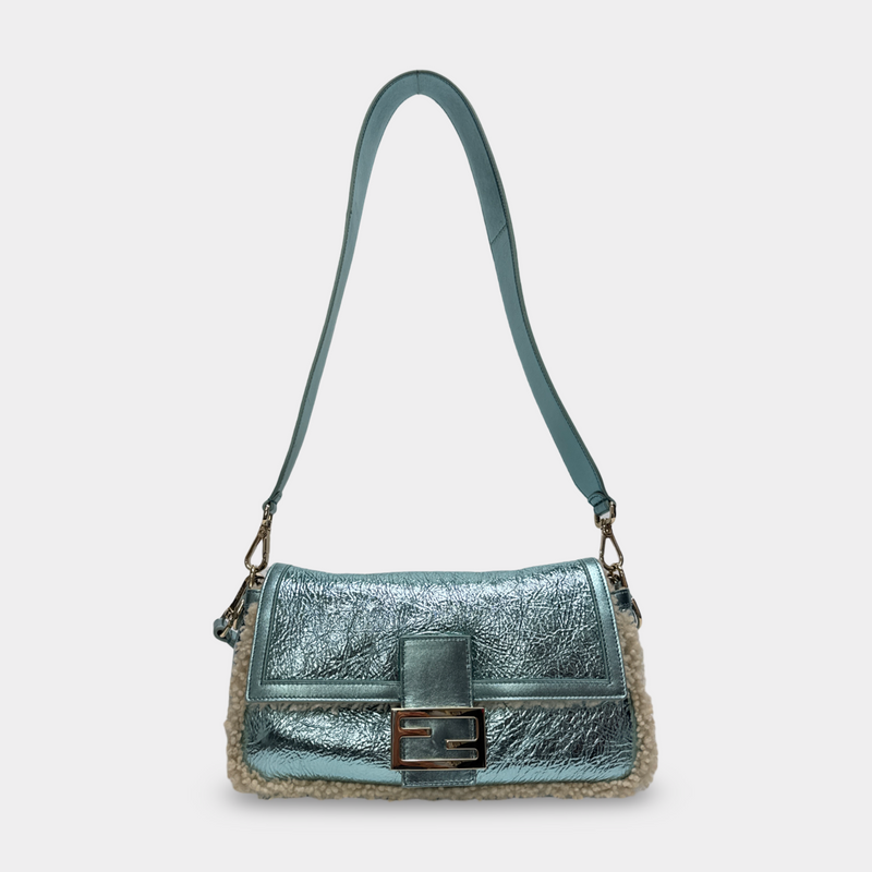 Fendi Women's Baguette Light Blue Metallic Leather Baguette Bag