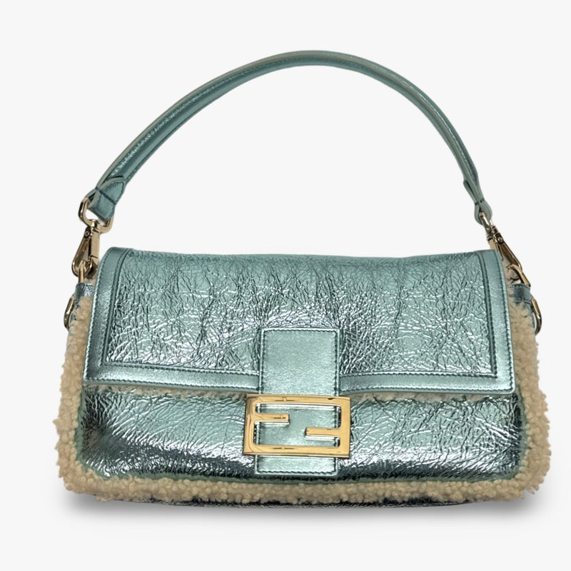 Fendi Women's Baguette Light Blue Metallic Leather Baguette Bag