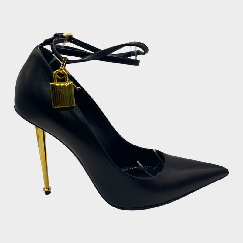 Tom Ford black leather heels with gold lock detail