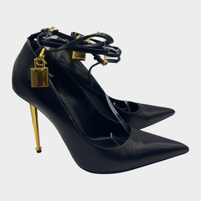 Tom Ford black leather heels with gold lock detail