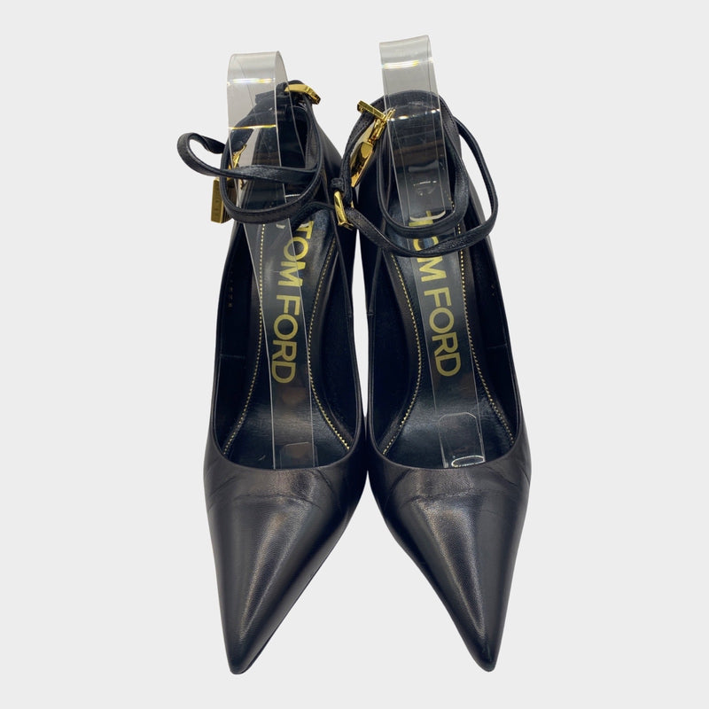 Tom Ford black leather heels with gold lock detail