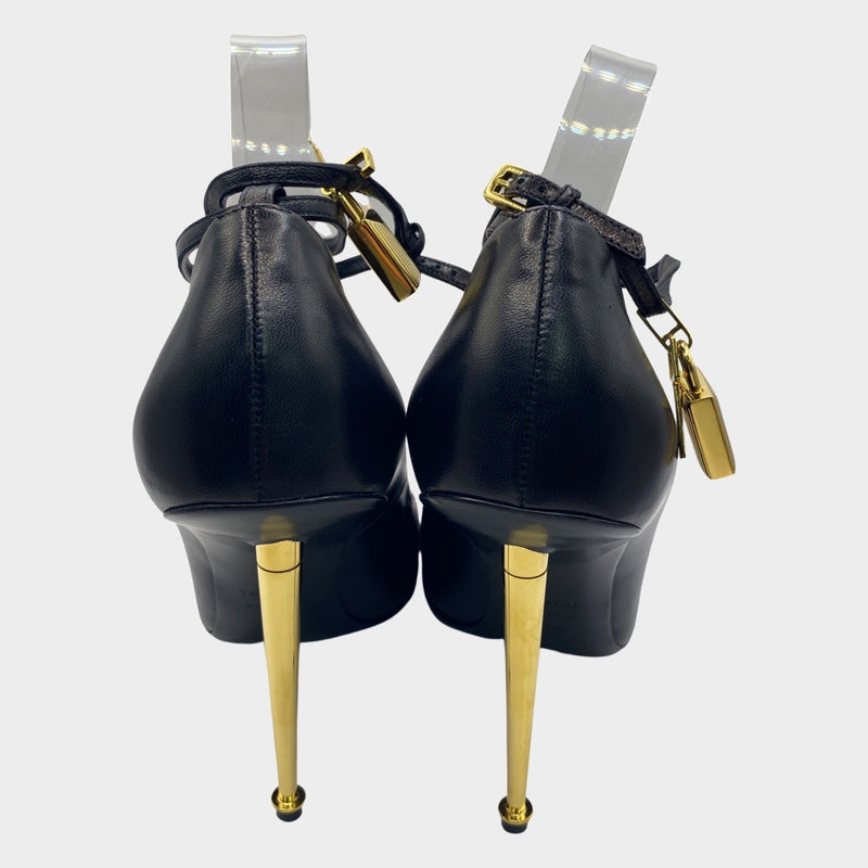 Tom Ford black leather heels with gold lock detail