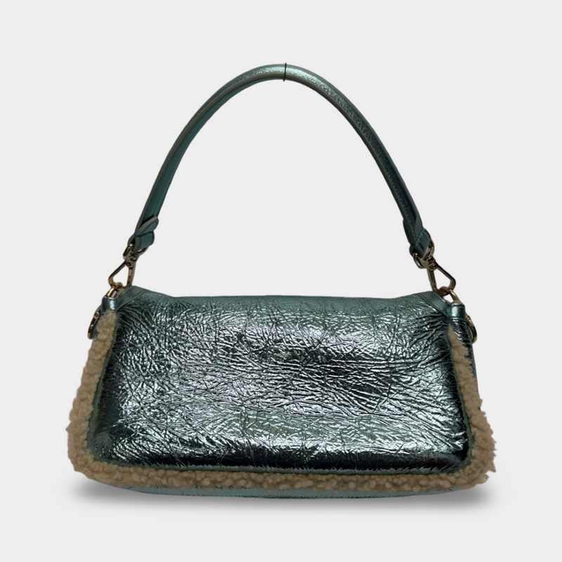 Fendi Women's Baguette Light Blue Metallic Leather Baguette Bag