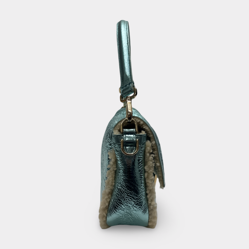 Fendi Women's Baguette Light Blue Metallic Leather Baguette Bag