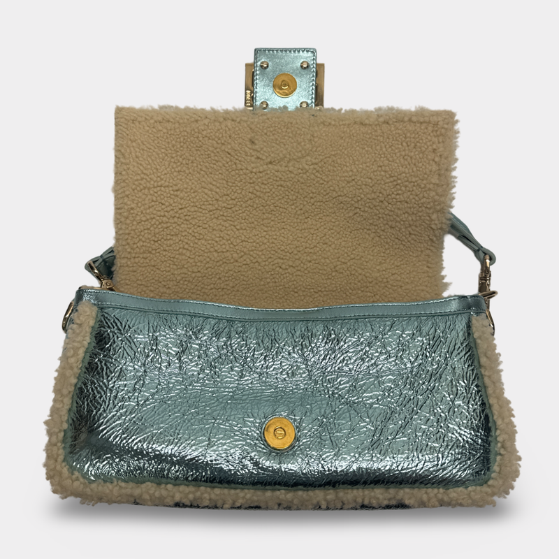 Fendi Women's Baguette Light Blue Metallic Leather Baguette Bag