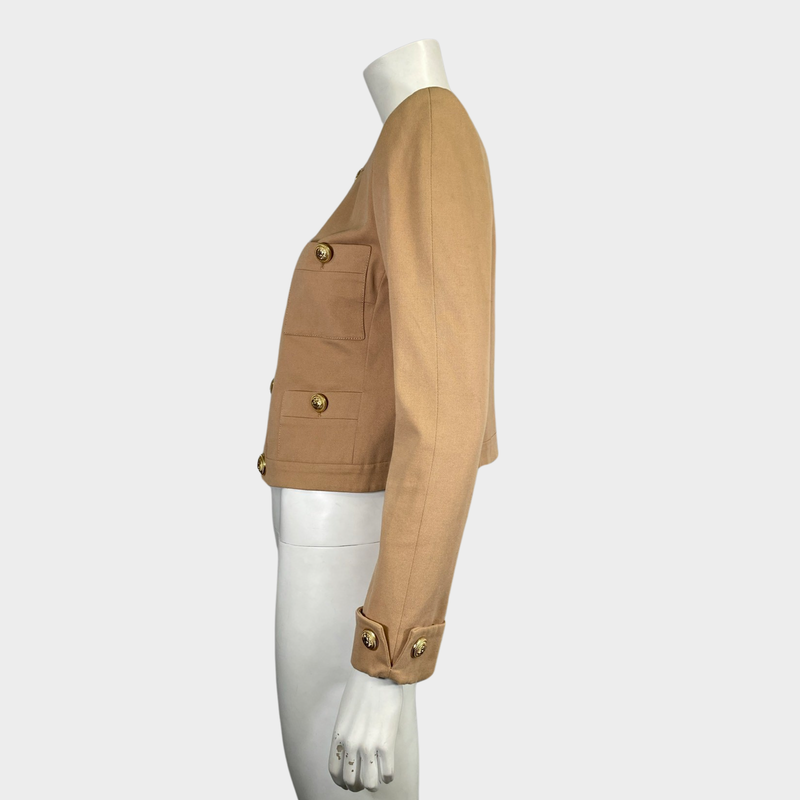 Balmain women's beige cotton cropped jacket with gold buttons