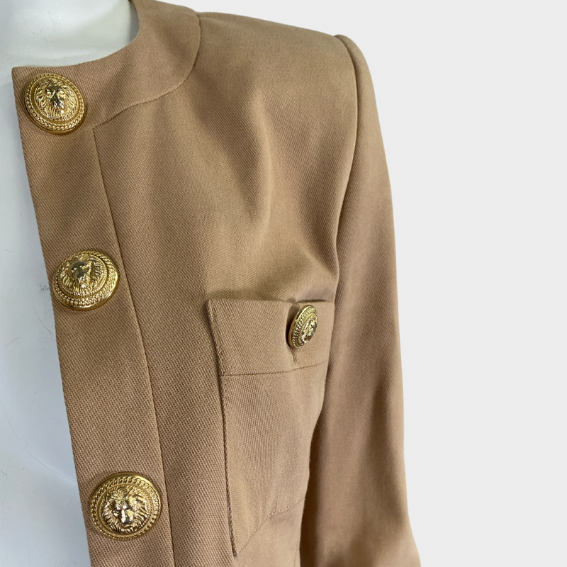 Balmain women's beige cotton cropped jacket with gold buttons