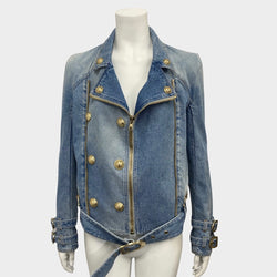 Balmain women's light blue denim jacket with gold accents