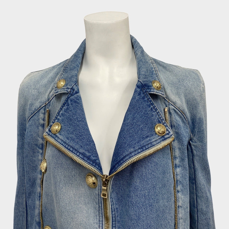 Balmain women's light blue denim jacket with gold accents