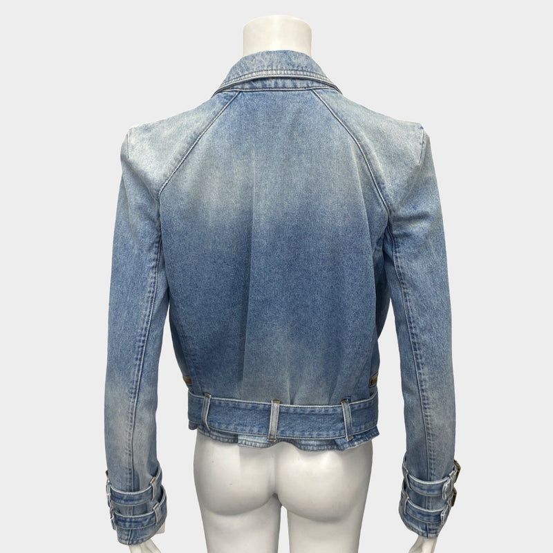 Balmain women's light blue denim jacket with gold accents