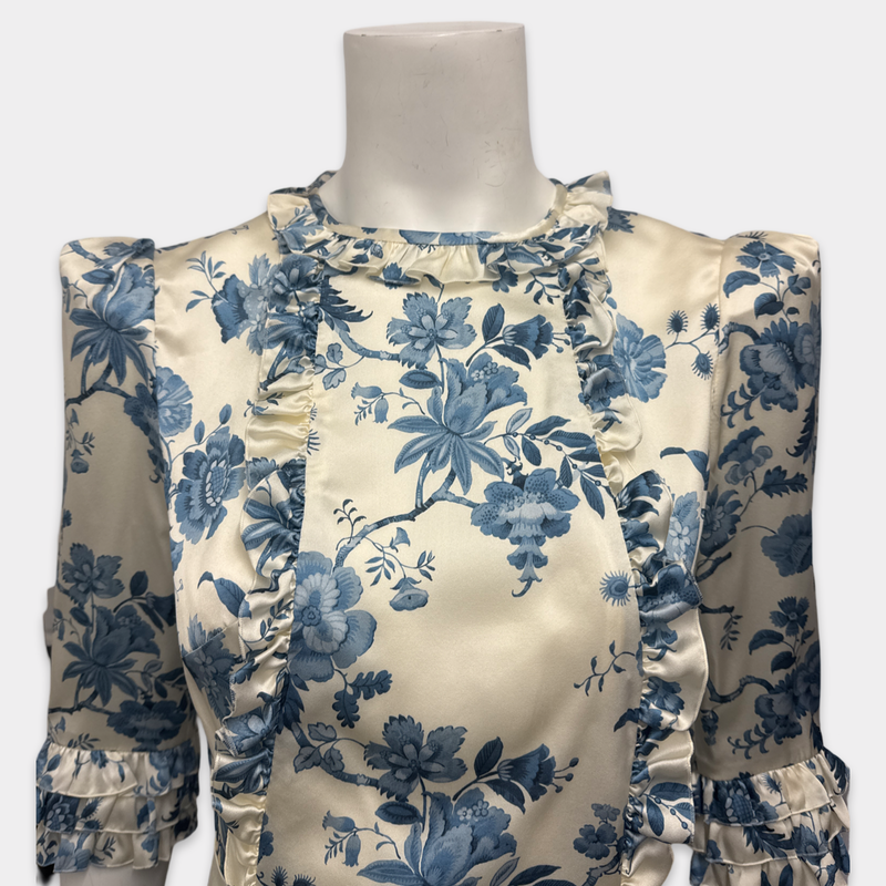 The Vampire's Wife Women's White with Blue Floral Print Silk Dress