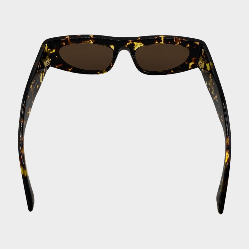 Bottega Veneta women's brown tortoise shell long gold detail sunglasses