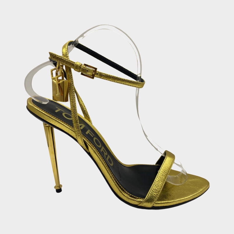 Tom Ford gold leather sandal heels with gold lock detail