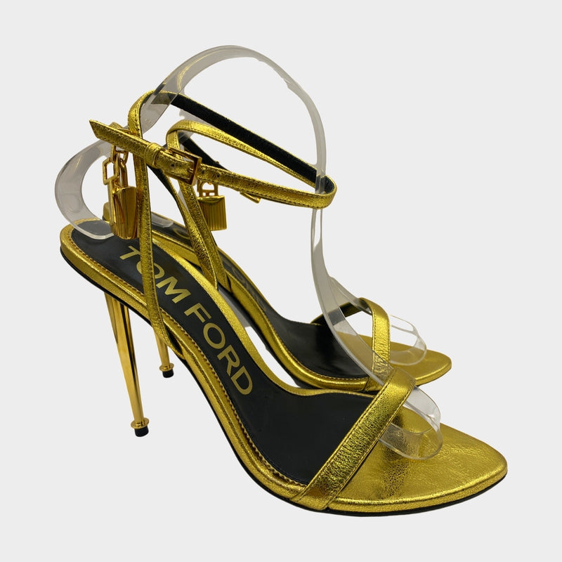 Tom Ford gold leather sandal heels with gold lock detail