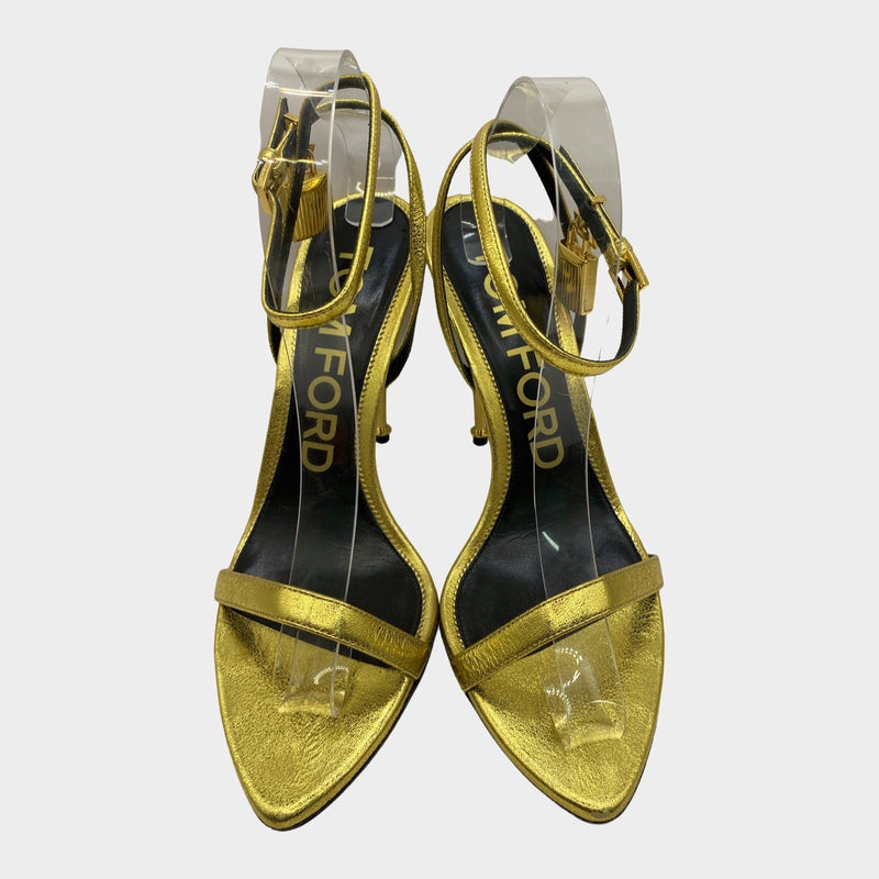 Tom Ford gold leather sandal heels with gold lock detail