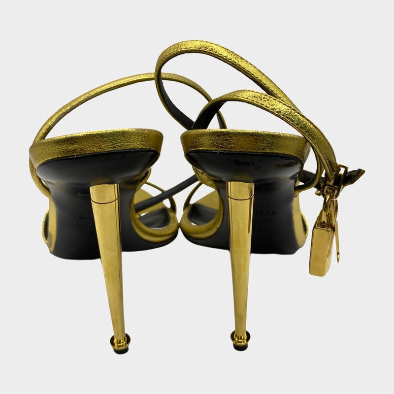 Tom Ford gold leather sandal heels with gold lock detail
