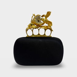 ALEXANDER MCQUEEN Women's Knuckle Black and Gold satin Clutch Bag with Hummingbird detail