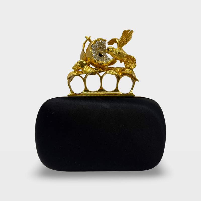 ALEXANDER MCQUEEN Women's Knuckle Black and Gold satin Clutch Bag with Hummingbird detail