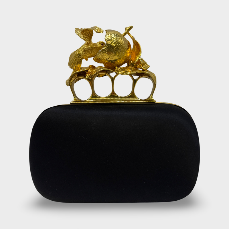 ALEXANDER MCQUEEN Women's Knuckle Black and Gold satin Clutch Bag with Hummingbird detail