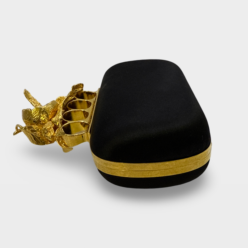 ALEXANDER MCQUEEN Women's Knuckle Black and Gold satin Clutch Bag with Hummingbird detail