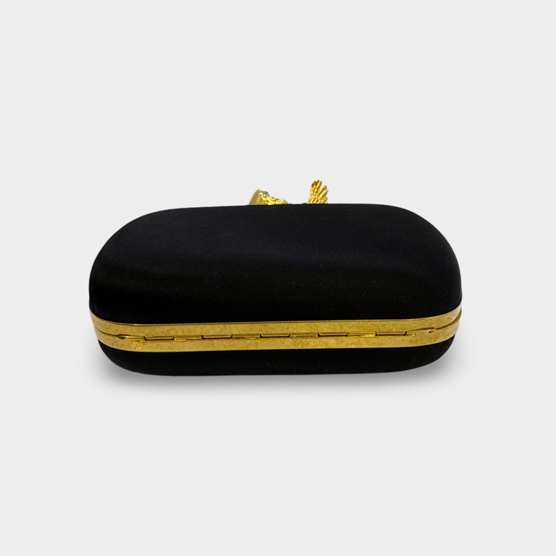 ALEXANDER MCQUEEN Women's Knuckle Black and Gold satin Clutch Bag with Hummingbird detail