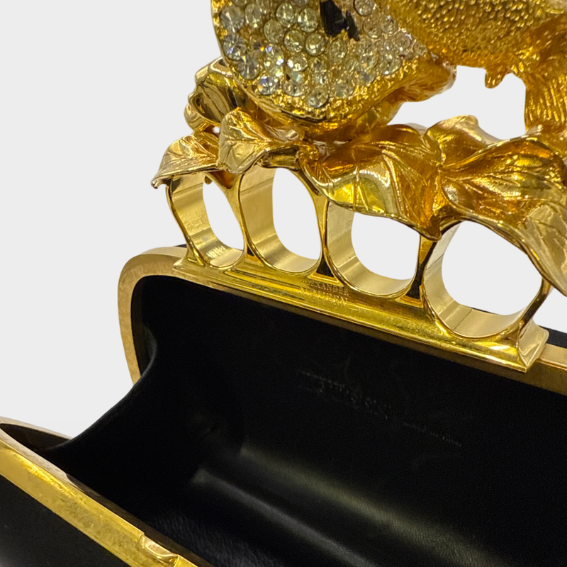 ALEXANDER MCQUEEN Women's Knuckle Black and Gold satin Clutch Bag with Hummingbird detail