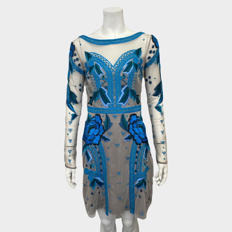Temperley blue floral embroidered mesh overlay dress