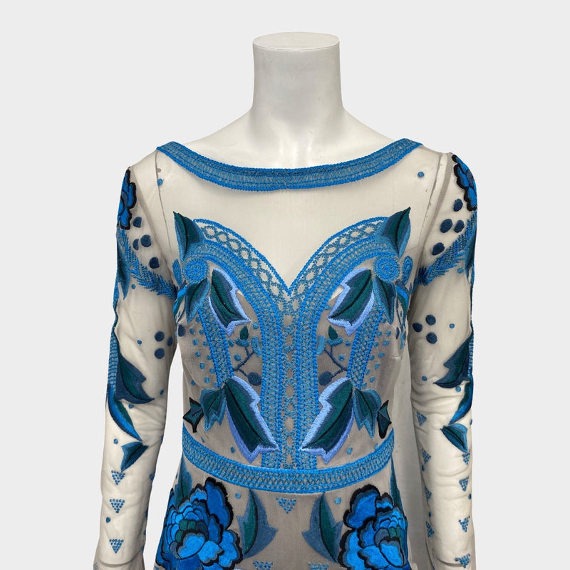 Temperley blue floral embroidered mesh overlay dress