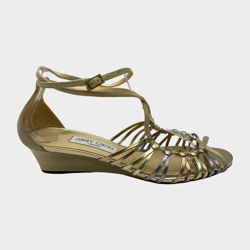 Jimmy Choo metallic gold and silver sandals on mini wedge platform