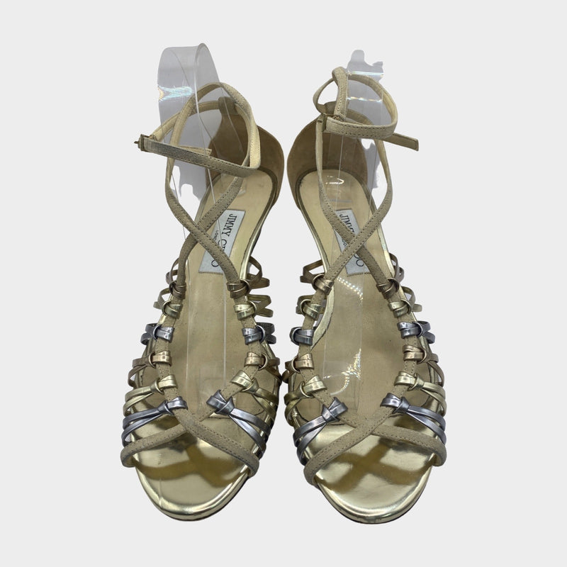 Jimmy Choo metallic gold and silver sandals on mini wedge platform
