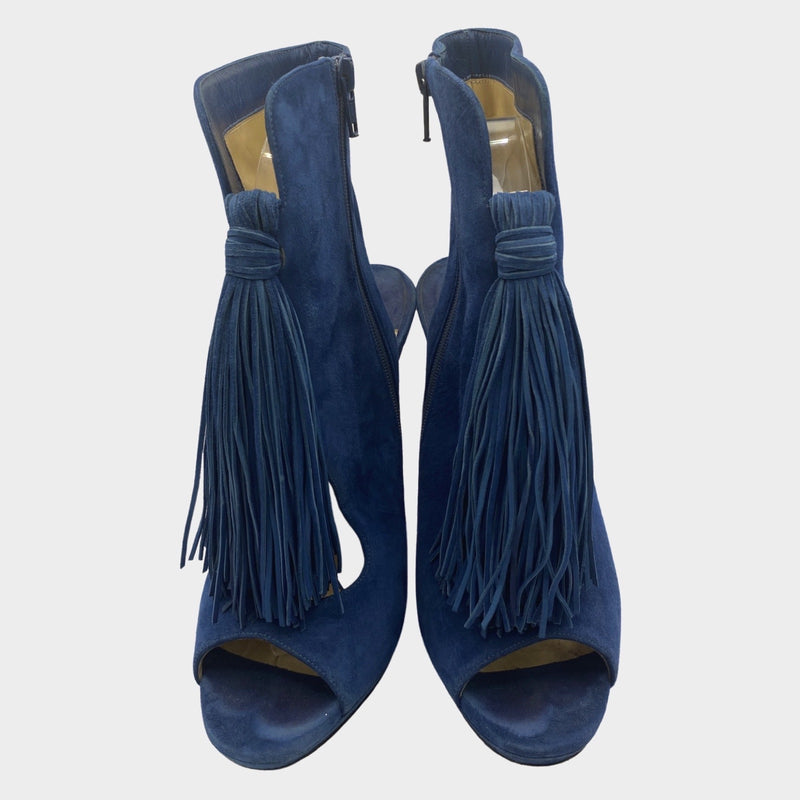Christian Louboutin blue suede ankle boots with fringe tassle and cut-out details
