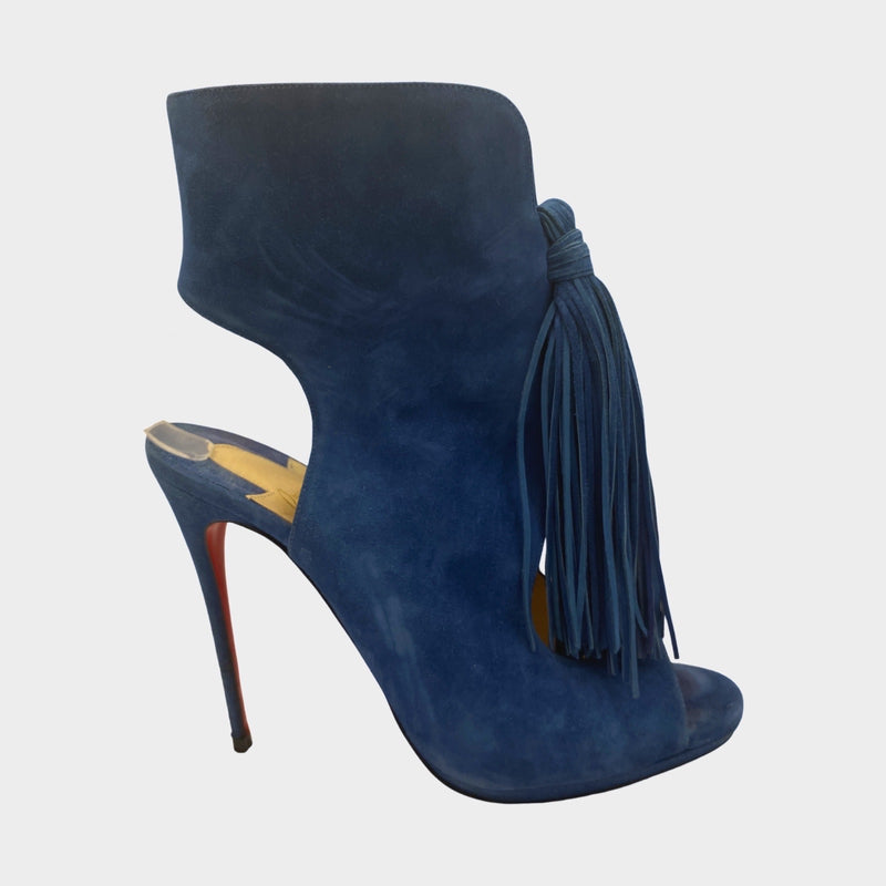 Christian Louboutin blue suede ankle boots with fringe tassle and cut-out details